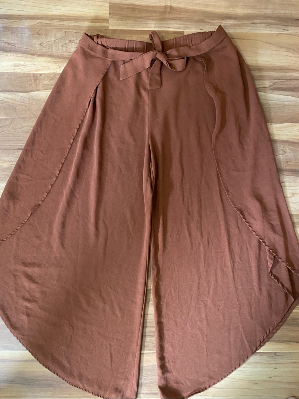 Cozy Casual Rust Brown Wide-Leg Wrap Pants with Tie Waist